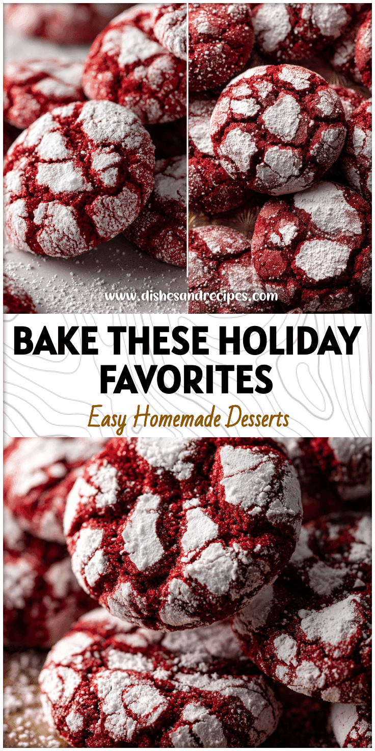 Close-up of red velvet crinkle cookies dusted with powdered sugar on a festive holiday tray.